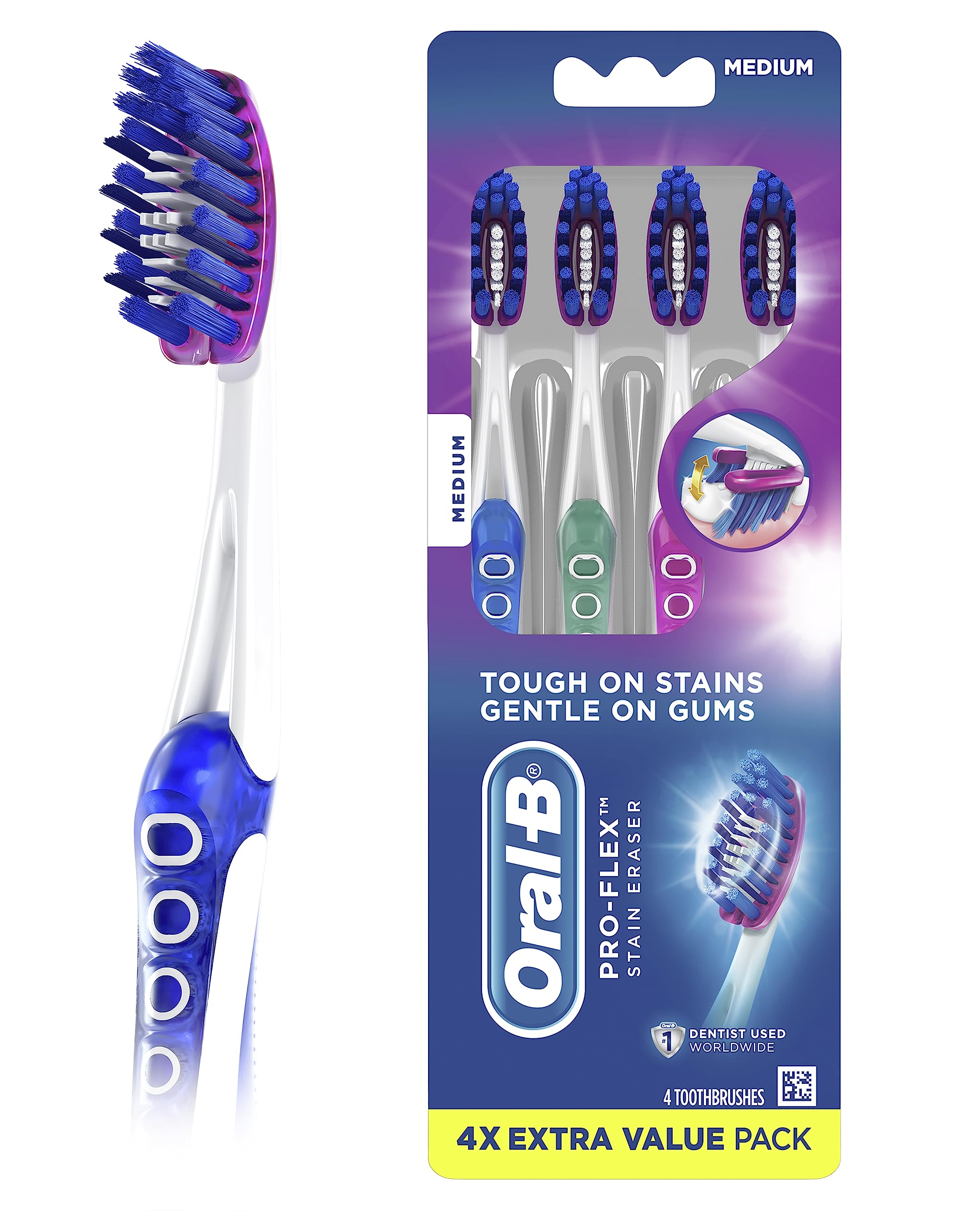 Oral-B Pro-Flex Stain Eraser Manual Toothbrush, Medium, 4 Count