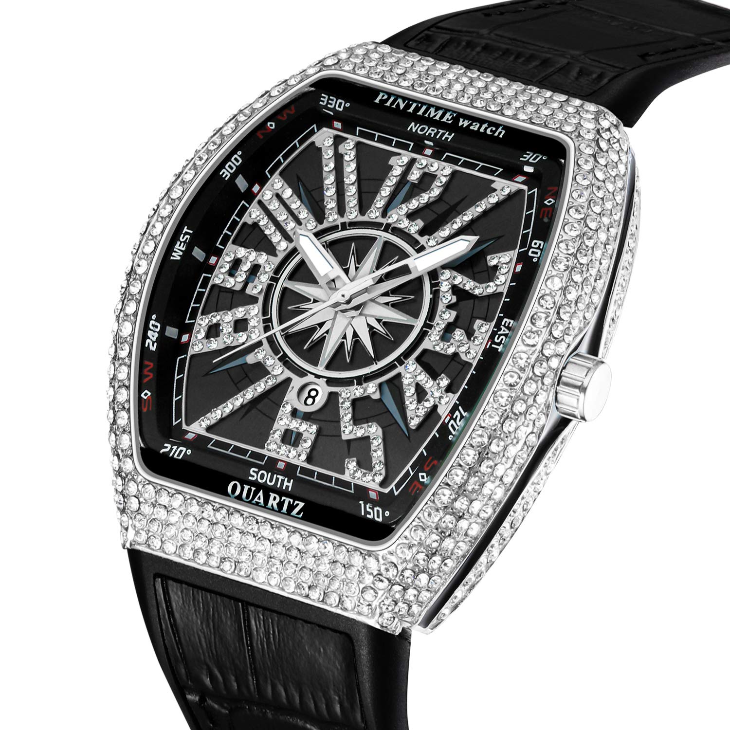 PINTIME Luxury Men's Crystal Diamond Watch Tonneau Fashion Bling Iced Out Waterproof Quartz Analog Watch for Men Leather Strap Hip Hop Rapper