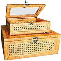Handcrafted Rattan Decorative Boxes set of 2 with clear lids to display keepsakes,mementos and your favorite photos. Wood and cane for organizing your Home Decor,Versatile, Stylish Rattan Storage.