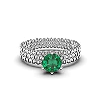 Round Solitaire Emerald Ring In 14k White Gold/Beaded Natural Emerald Ring For Women And Girls