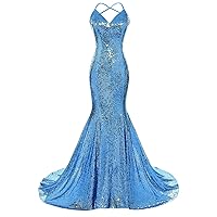 Women's Sequins Mermaid Prom Dress Spaghetti Straps V Neck Backless Evening Gowns