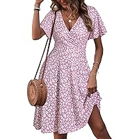 FENSACE Womens Sundress Summer Floral Short Sleeve Wrap V Neck A-Line Midi Dress