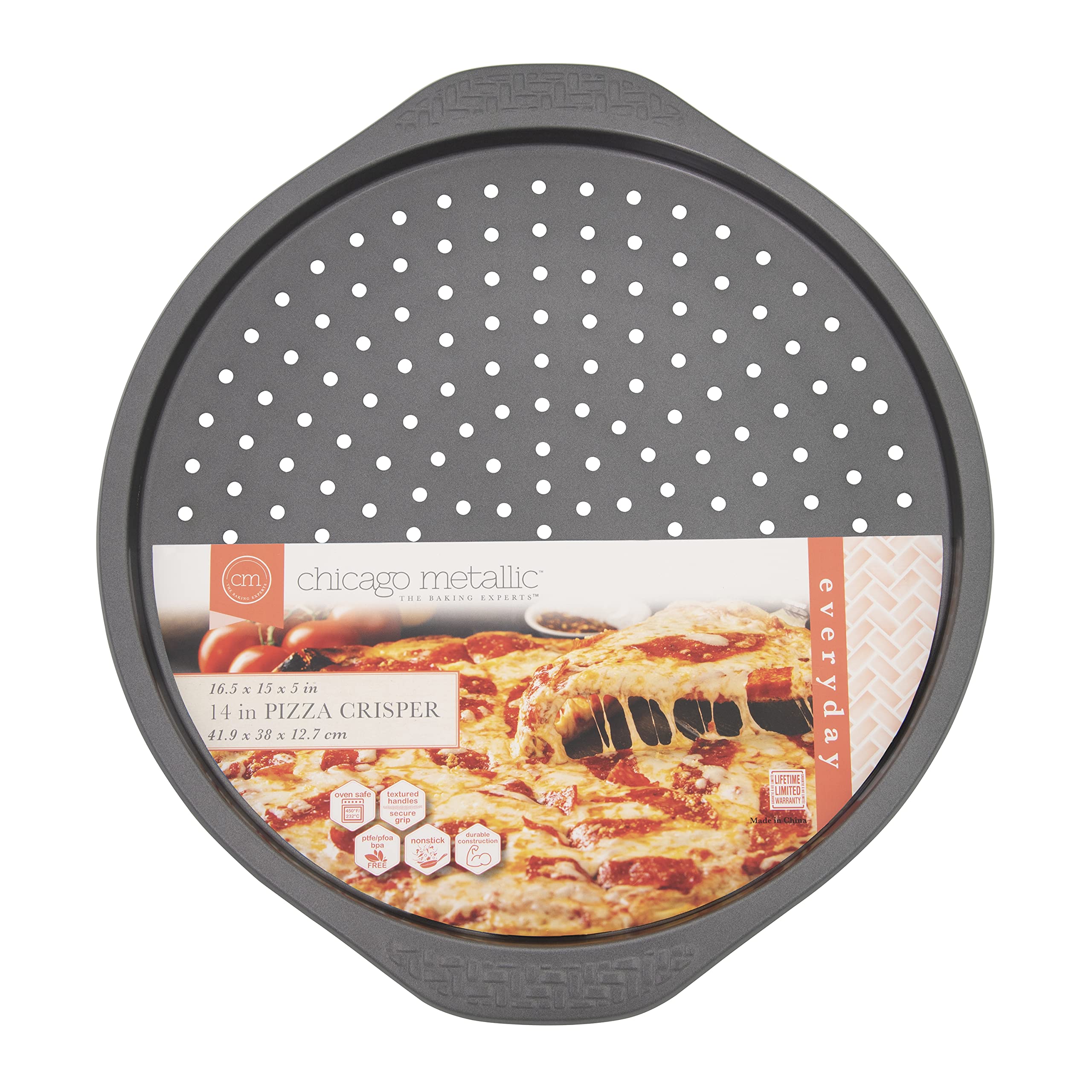 Chicago Metallic Everyday Non-Stick Pizza Crisper. Perfect for making homemade pizza, baking frozen treats reheating meals, and more