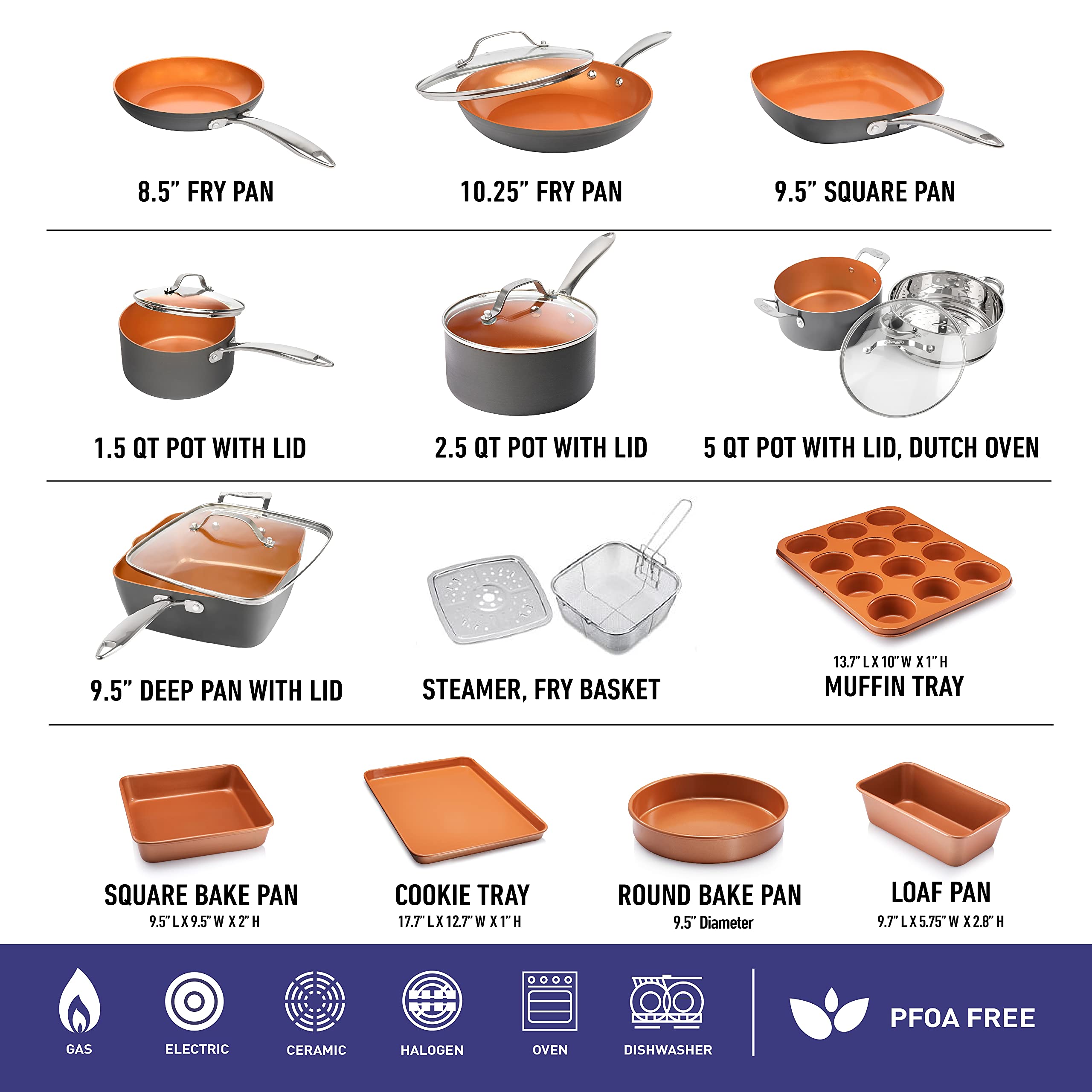 Gotham Steel Pro 20 Piece Pots & Pans Set | Hard Anodized Complete Cookware Set + Bakeware Set, Ultra Nonstick Ceramic Copper Coating, Chef Grade Quality, Metal Utensil Safe, Oven & Dishwasher Safe