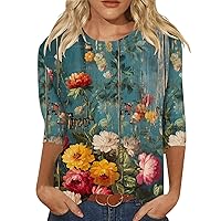 Women Shirts Dressy Casual Tops Floral T-Shirt Crew Neck 3/4 Sleeve Tees Spring Workout Basic Blouse Clothes