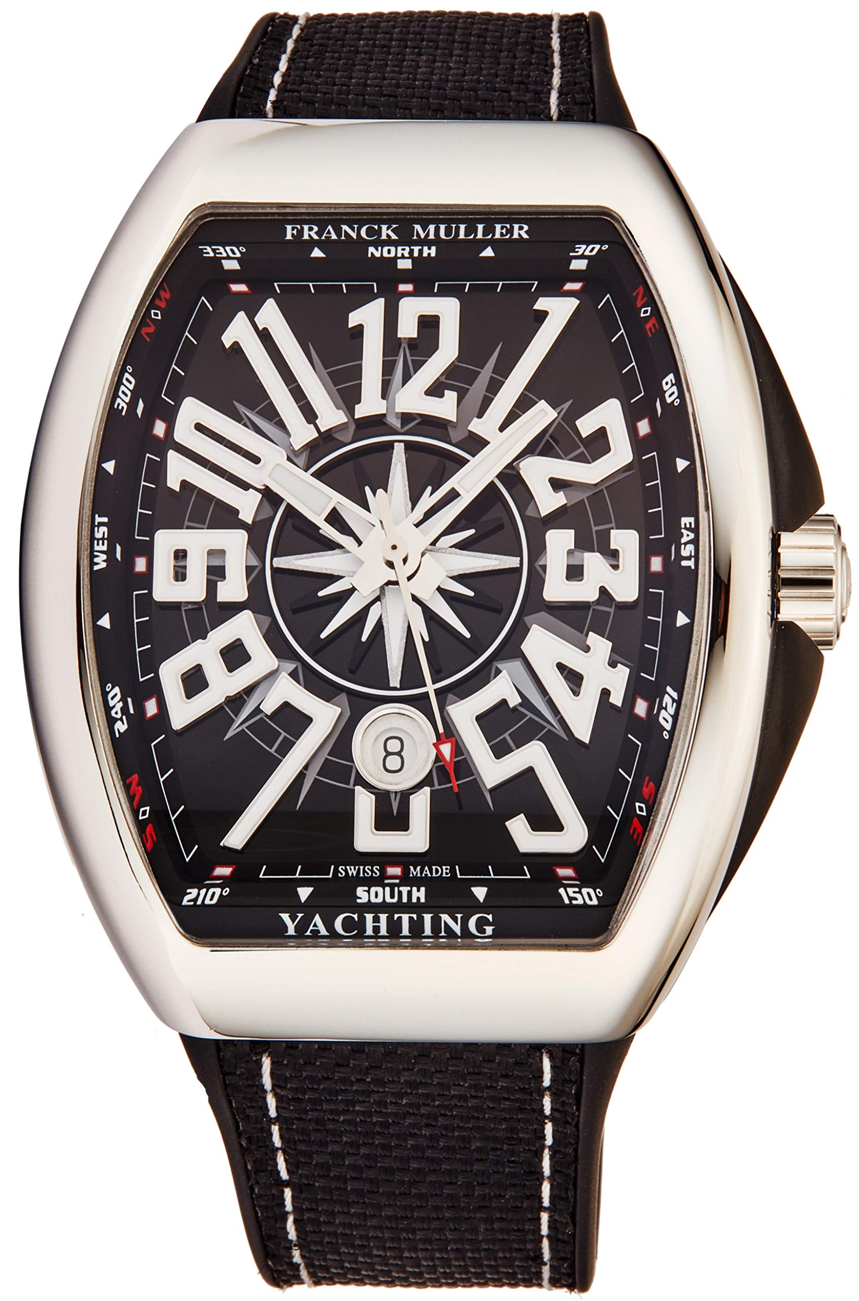 Franck Muller Vanguard Yachting Mens Stainless Steel Automatic Watch - Tonneau Black Face with Luminous Hands, Date and Sapphire Crystal - Black Fabric/Rubber Strap Swiss Made Watch V 45 SC Yacht BLK