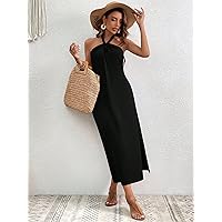 Women's Dress Solid Split Thigh Halter Dress Women's Dress (Color : Black, Size : Small)