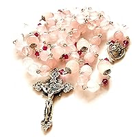 elegantmedical HANDMADE Pink Quartz Crystal Beads Sterling Silver Catholic Rosary Cross Crucifix necklace box