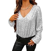 Womens Fashion V-Neck Lantern Long Sleeve Party Sequin Top Casual Fall Shirt