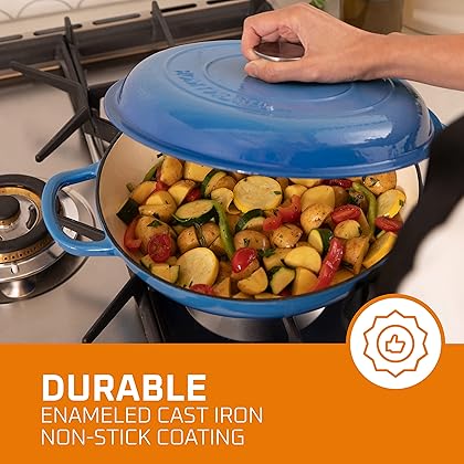 Bruntmor Enameled Cast Iron Dutch Oven - 3.8 Qt Casserole Dish with Handles and Lid - Non-Stick Enamel Coated Cast Iron Skillet - Braiser Pan Cookware with Steel Knob Cover - Marine Blue