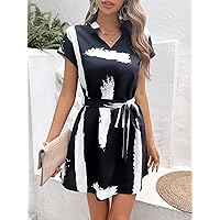 Dresses for Women Brush Print Batwing Sleeve Belted Dress (Color : Black and White, Size : X-Small)