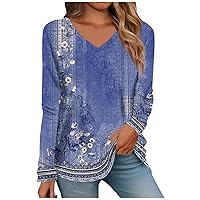 Plus Size Tops for Women,Tops for Women Long Sleeve V Neck Retro Printed Loose Fit Tunic T Shirts 2024 Summer Fashion Cute Tee Blouse Zippered Tops for Women