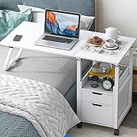 2 in 1 Rolling Overbed Table, Foldable Bedside Table Height Adjustable Sofa Table Cart Mobile Computer Desk with Drawer, Laptop Table for Bedroom,Living Room(100x40x70-88cm(39x16x27-34in), C)