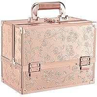 FRENESSA Makeup Train Case 11.8 Inch Extra Large Makeup Organizer Case 3 Trays with Mirror Cosmetic Travel Storage Box for Makeup Artist Nail Art Tech Sewing Supplies Travel Case Rose Gold Floral