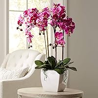 Potted Silk Faux Artificial Flowers Arrangements Realistic Purple Fuchsia Orchid in White Ceramic Pot for Home Decoration Living Room Office Bedroom Bathroom Kitchen 29