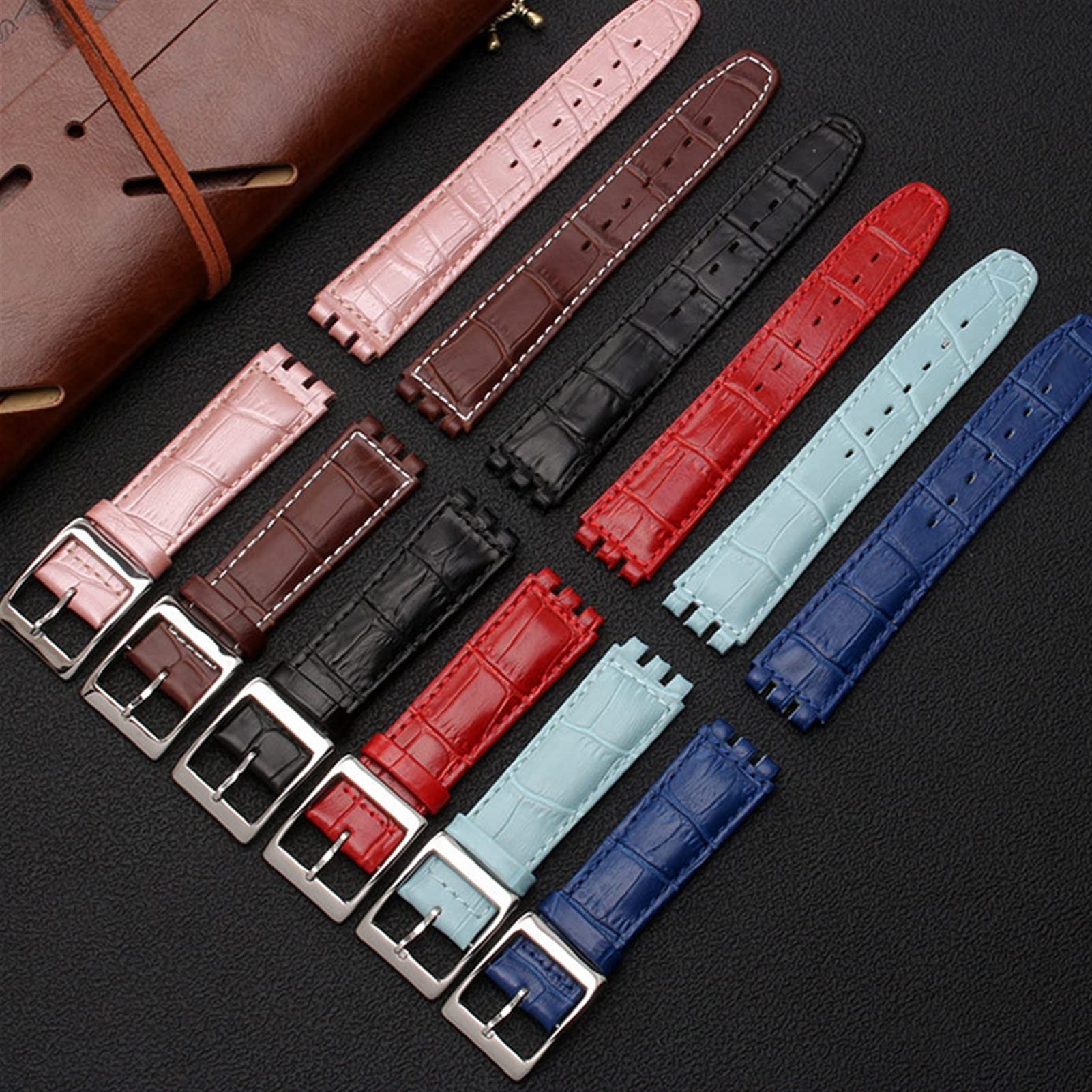 EEOMOiK 17mm 19mm Genuine Calf Leather Wrist Strap for Swatch Watch Band Men Women Alligator Pattern Bracelet Watchband Accessories (Color : Brown, Size : 19mm)