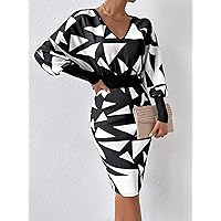 Dresses for Women Geo Print Neck Batwing Sleeve Bodycon Dress (Color : Black and White, Size : Small)