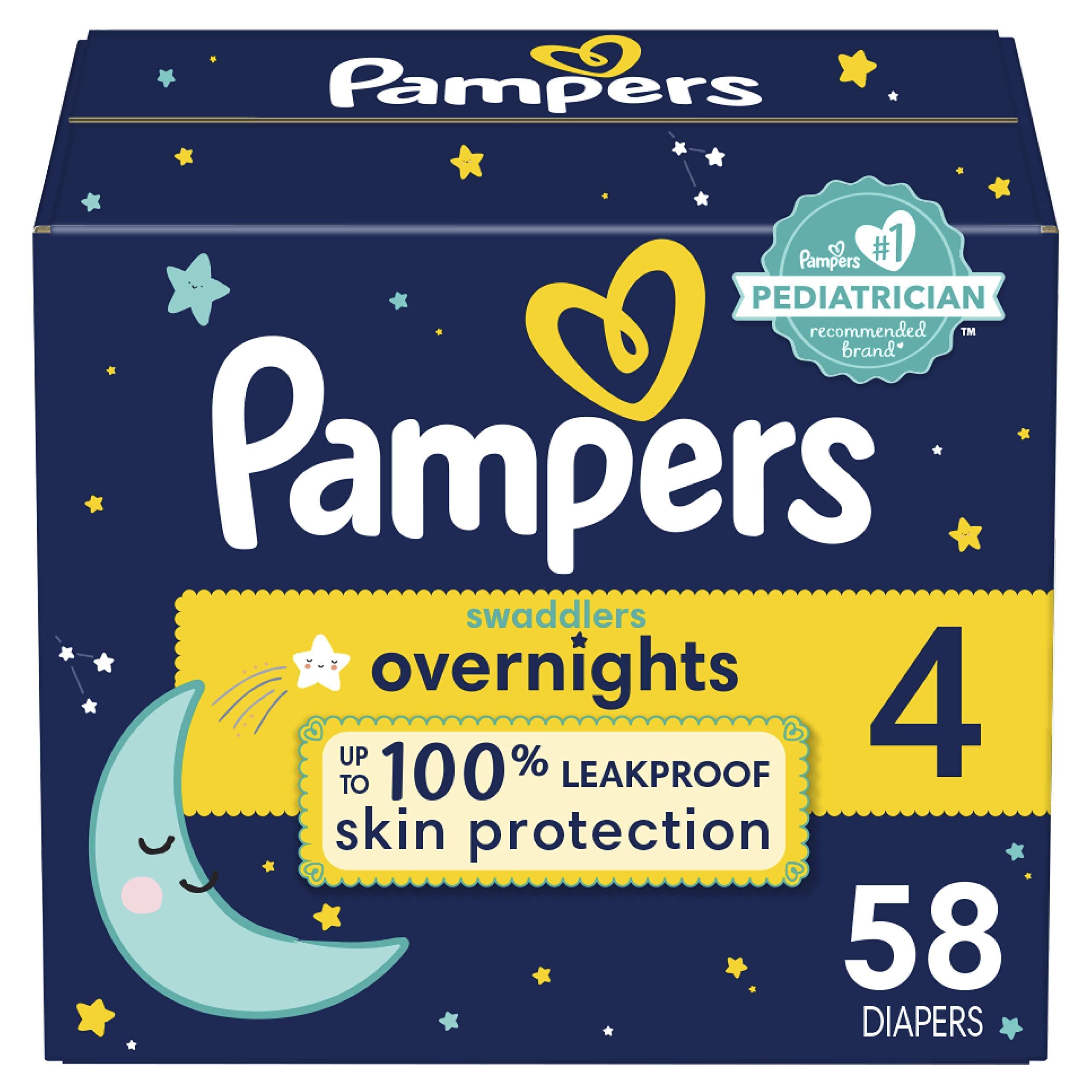 Diapers Size 4, 58 Count - Pampers Swaddlers Overnights Disposable Baby Diapers, Super Pack (Packaging & Prints May Vary)