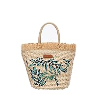 Palm Fronds Embellished Woven Straw Tote Beach Bag, Natural Nulti