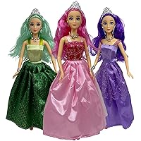 Princess Doll Set for Girls, 3 Little Dolls for Dollhouse | 11.5” Princess Dolls for 3-12 Year Old Girls | Princess Toy Dolls with Pretty Mermaid Hair, Tiaras and Jewelry (Caucasian)