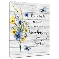 LB Floral Wall Art for Bathroom Butterfly with Yellow and Blue Wildflower on Rustic Grey Wood Abstract Canvas Wall Art Farmhouse Wall Pictures for Living Room Bedroom Office Ready To Hang,16x20 Inch