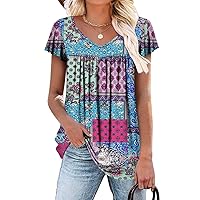 ROSELINLIN Womens Ruffle Sleeve Summer Tunic Tops V Neck Loose Fit Short Sleeve T Shirts