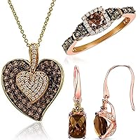 LE VIAN Chocolate Diamond and Quartz Heart Pendant Necklace Halo Ring Size 7 and Earrings for Women I 14k Rose and Yellow Gold Jewelry Set I 18 Inch Chain Necklace I French Wire Earrings