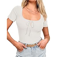 Women's Summer Sexy Short Sleeve Going Out Tops Front Tie Rib Knit Scoop Neck Y2K Top Shirts 2024 Trendy