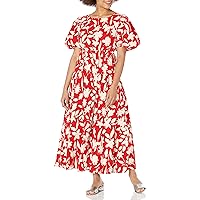 MOON RIVER Women's Floral Print Side Tie Cut-Out Tiered Shirred Midi Dress