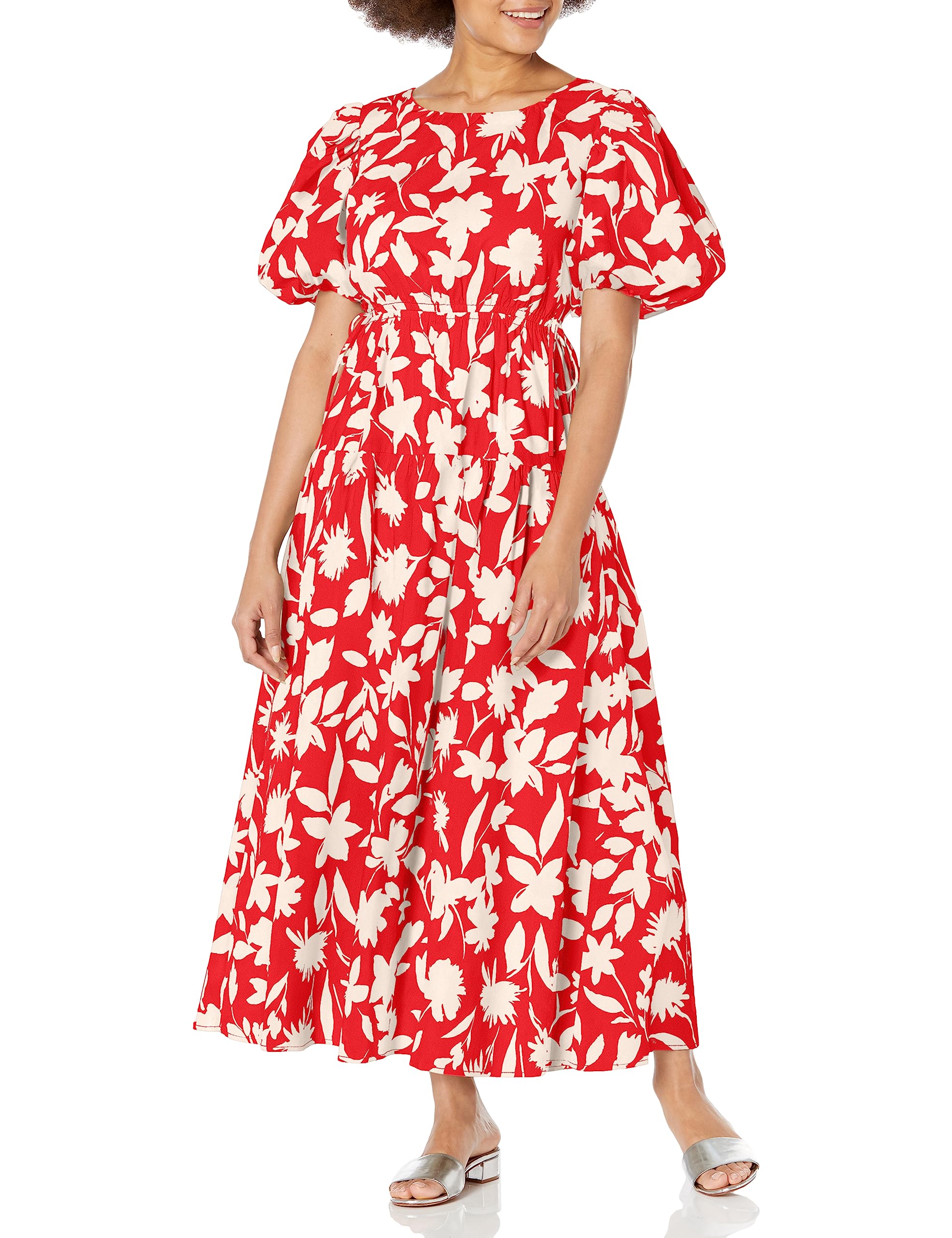 Moon River Women's Floral Print Side tie Cut-Out Tiered Shirred midi Dress, red, Small