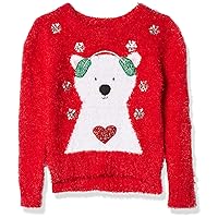 Blizzard Bay Little Girl's L/S Crew Neck Polar Bear in Headphones Christmas Sweater Sweater, Christmas red Combo, 6X