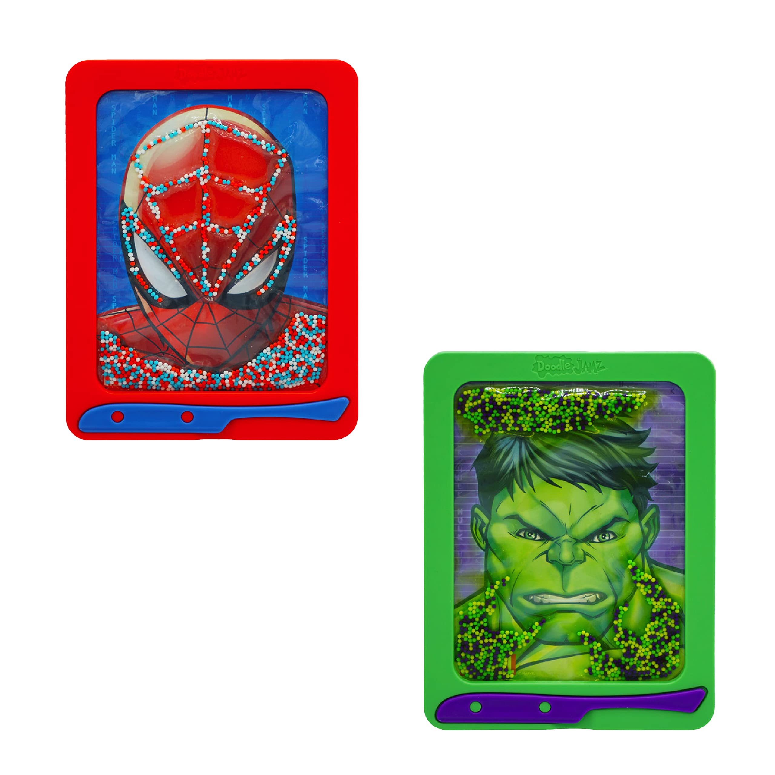 DoodleJamz Marvel JellyPics - Sensory Drawing Pads Filled with Non-Toxic Squishy Beads and Gel – Includes Stylus, Removable 2-Sided Emoji Backer Card (Spider-Man + Hulk Bundle)