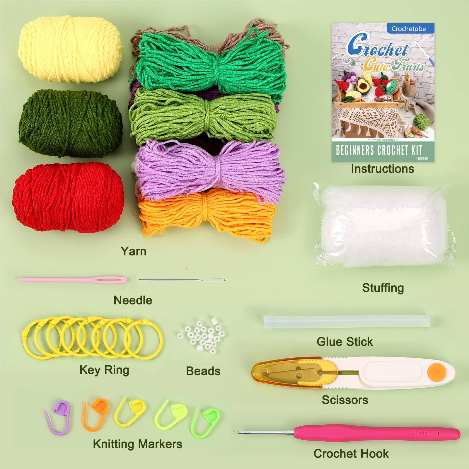 Crochetobe Beginner Crochet Kit - Make Your Own 8 PCS Fruit Crochet, Crochet Kit for Beginners with Step-by-Step Instruction and Video Tutorial, Crochet Starter Kit for Adults Kids(Patent Product)