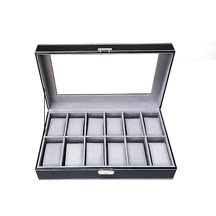 Sodynee WBPU12-03 Watch Dislpay Box Organizer, Pu Leather with Glass Top, Large, Black