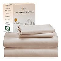 Soft 100% Cotton Sheets King Size Bed Sheets Set with Deep Pockets, 4 Piece King Sheets Set with Sateen Weave, Cooling Sheets (Beige)