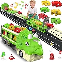 Hot Bee Toddler Car Toys for 2 3 4 5 6 Year Old Boy Birthday Gifts, Foldable Ejection Race Track Dinosaur Toy Cars for Toddlers 2-4 3-5 Toy Trucks w/Sound, 6 Dino Cars & 12 Road Signs, Toys for Boys