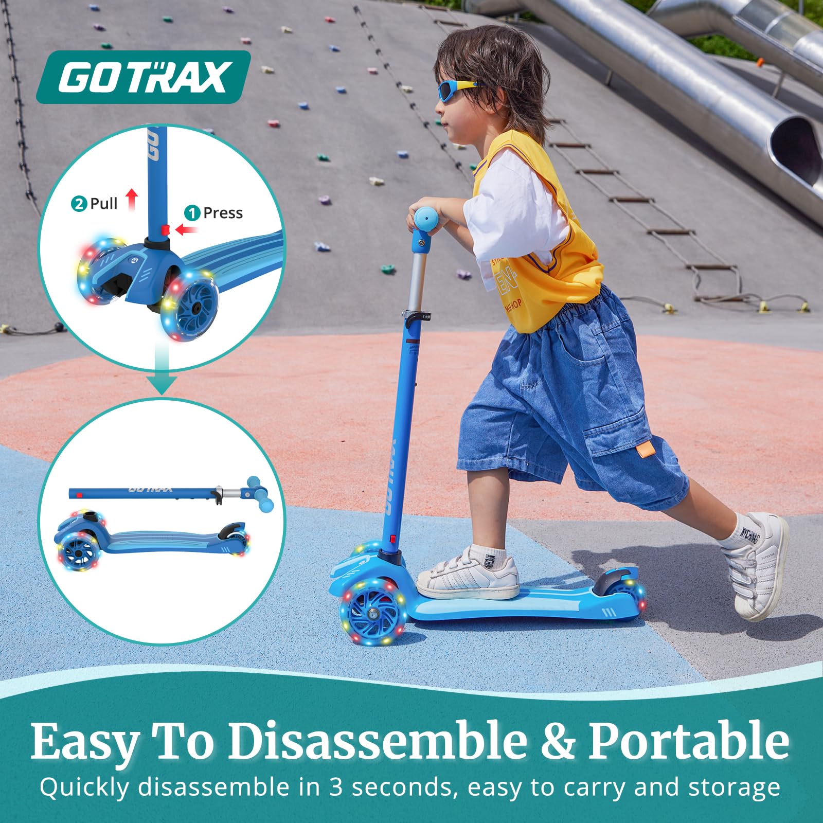 Gotrax KS1/KS3 Kids Kick Scooter, LED Lighted Wheels and 3Adjustable Height Handlebars, Lean-to-Steer & Widen Anti-Slip Deck, 3 Wheel Scooter for Boys & Girls Ages 2-8 and up to 100 Lbs