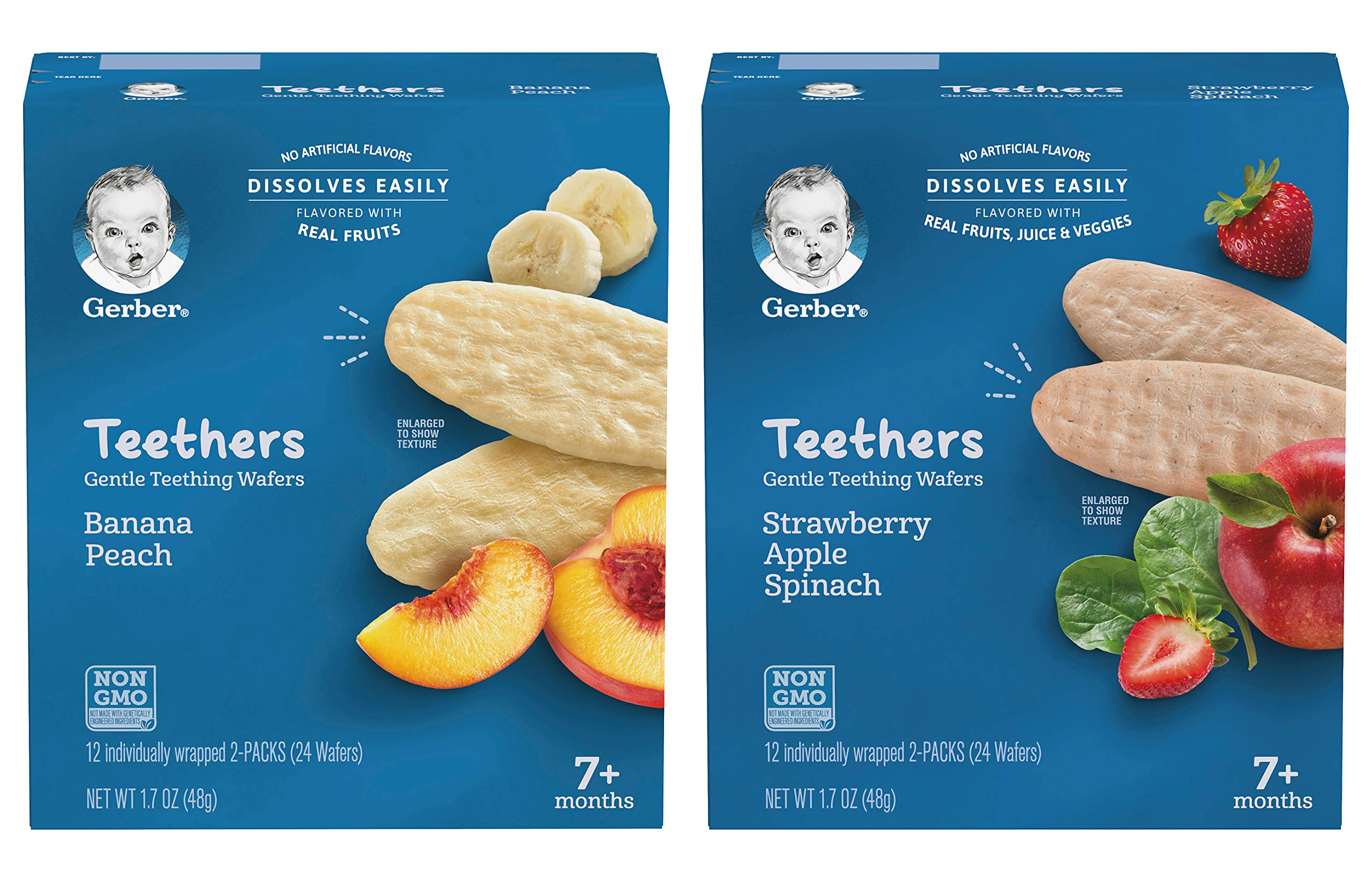 Gerber Teethers Gentle Teething Wafers Variety Pack - 1 Box Banana Peach, 1 Box Strawberry Apple Spinach - 12 CT/Box (Pack of 2 Boxes)