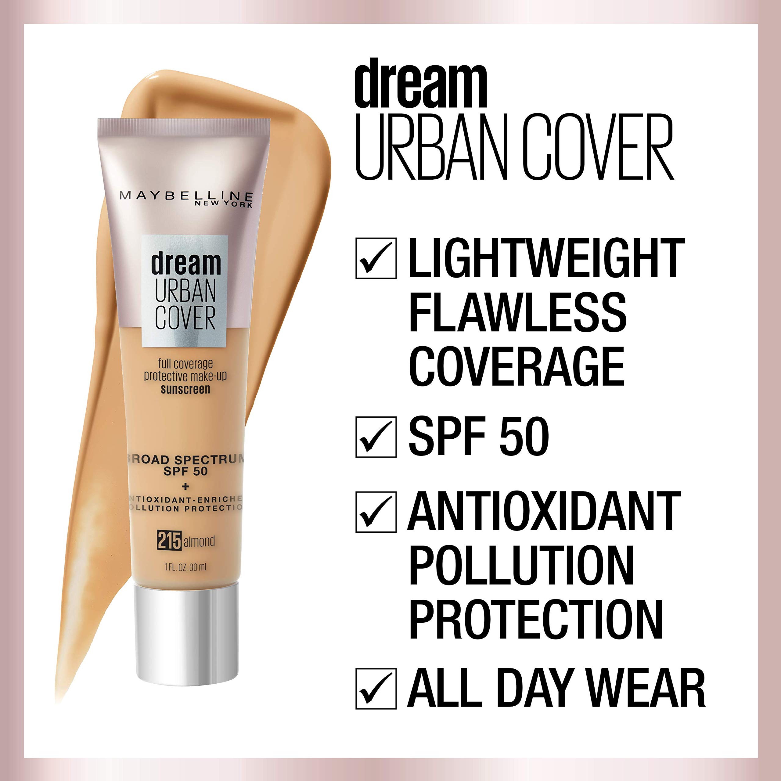 Maybelline Dream Urban Cover Flawless Coverage Foundation Makeup, SPF 50, Truffle
