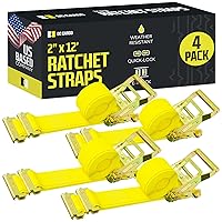 E Track Ratchet Straps Cargo Tie-Downs, (Pack of 4) 2 x 12 Heavy Duty Yellow Tie-Down Rachet Straps, Strong Ratchet Strap, E Track Spring Fittings, Tie Down Motorcycle