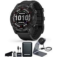 Garmin Fenix 7 Sapphire Solar Edition, Rugged GPS Adventure Touchscreen Smartwatch with Health/Wellness Features, Black DLC Titanium with Black Band and Signature Series Charging Stand Bundle