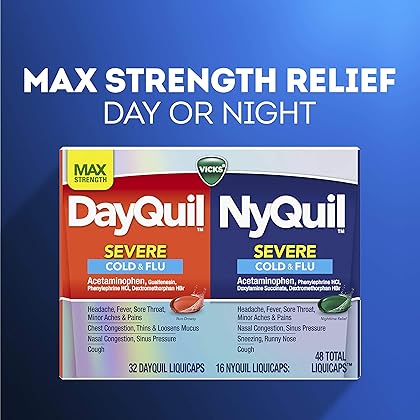 Vicks DayQuil and NyQuil Severe Combo, Max Strength Cold & Flu Medicine for Fever, Sore Throat, Nasal Congestion - 48 Count