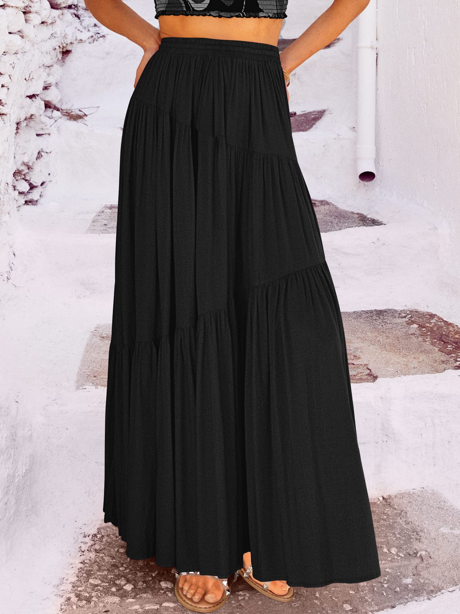 ANRABESS Women’s Boho Elastic High Waist Pleated A-Line Flowy Swing Asymmetric Tiered Maxi Long Skirt Dress with Pockets