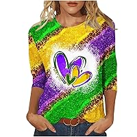 3/4 Sleeve Plus Size Shirts Womens Fashion Mardi Gras Carnival Tshirts Loose Dressy Blouses Trendy Crewneck Basic Tops