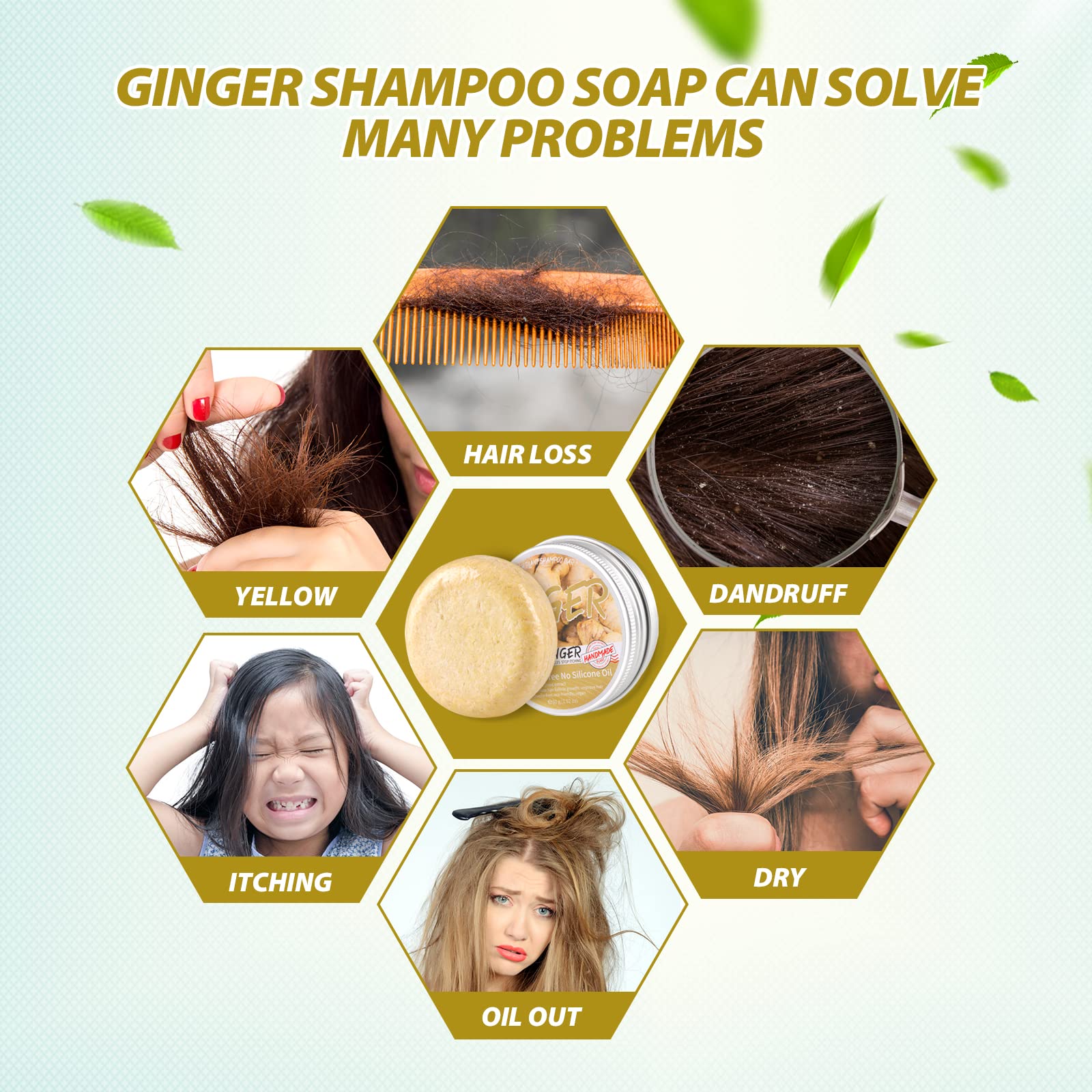 Zoreni Ginger Hair Regrowth Shampoo Bar, Anti Hair Loss Ginger Shampoo Soap, Natural Organic Ginger Shampoo Bar Promotes Hair Growth, Anti-dandruff and Anti-itching Ginger Bar Soap 2 Fl Oz (Pack of 5)