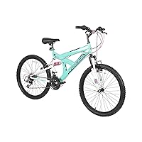 Dynacraft Vertical Dual Suspension Mountain Bike Girls 24 Inch Wheels with 18 Speed Grip Shiter and Dual Hand Brakes in Teal and Pink