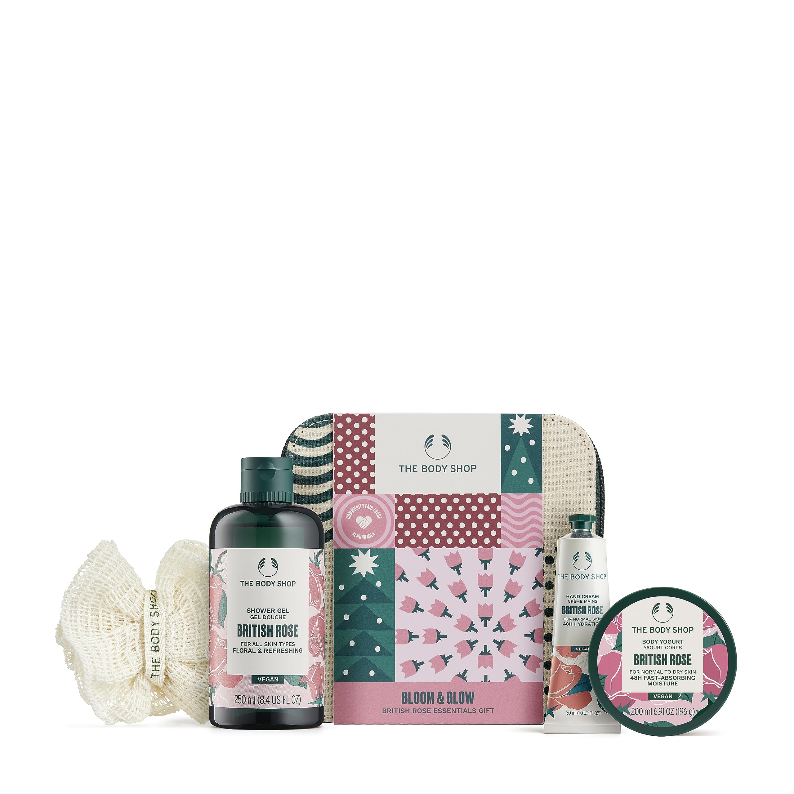 The Body Shop Bloom & Glow British Rose Essentials Body Care Holiday Gift Set, Vegan, 4-Piece Set