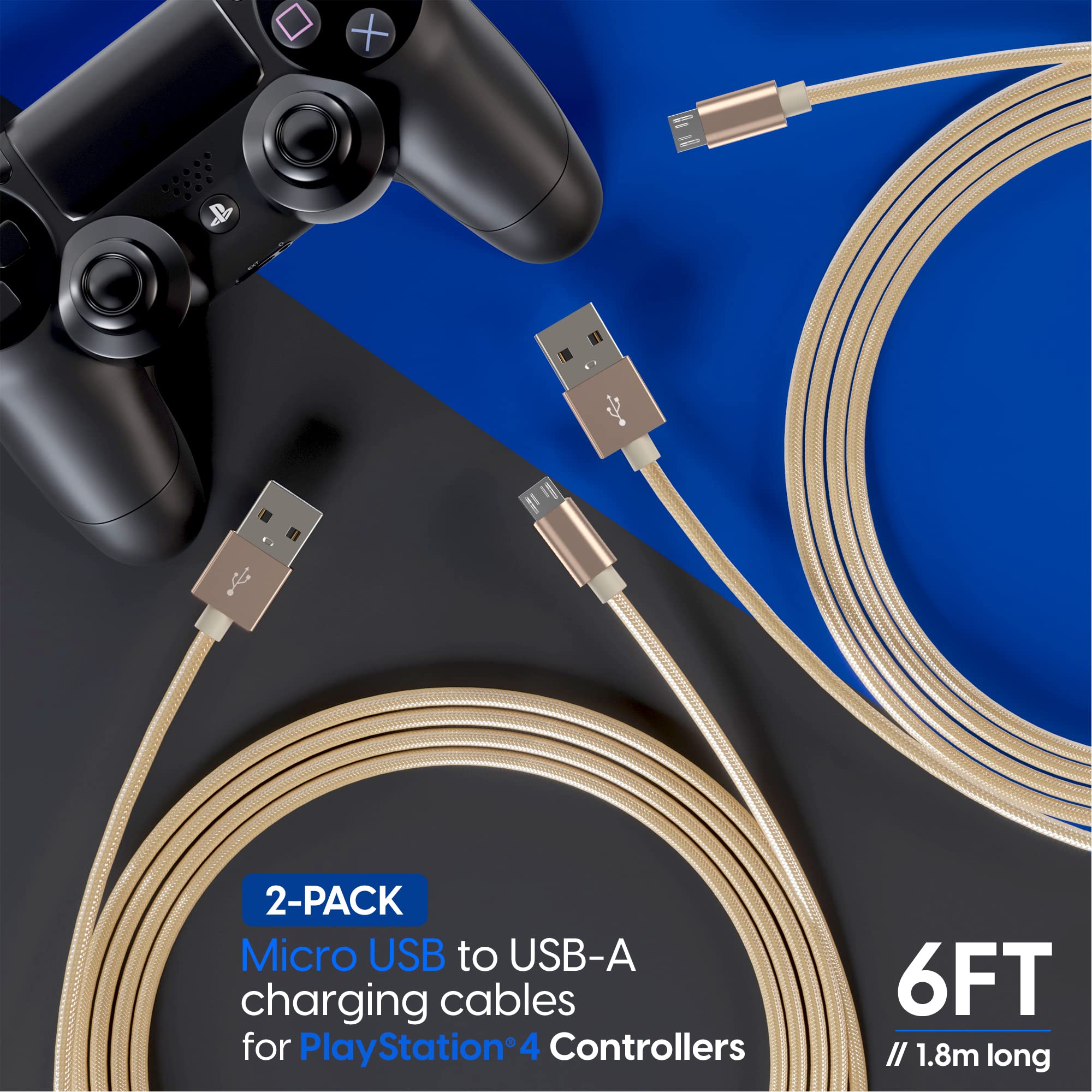 TALK WORKS Playstation 4 Charging Cable - 6' Nylon Braided Micro USB Charger Cord, Heavy Duty Fast Charge for PS4 (Gold, Pack of 2) (14092)
