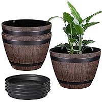 VECELO Plant Pots with Drainage Holes & Saucer, 13 Inch Flower Pots with Tray, 3 Pack Plastic Whiskey Barrel Planters for Indoor & Outdoor Garden Home Plants and Flowers