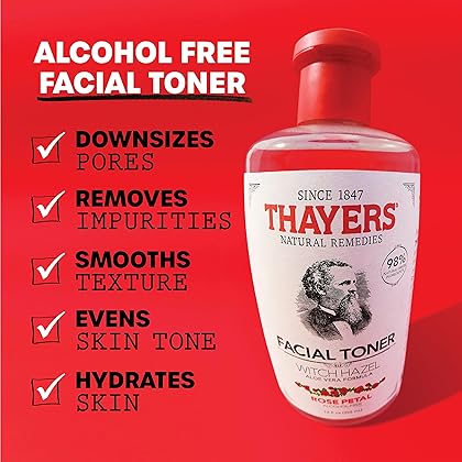 Thayers Alcohol-Free, Hydrating Rose Petal Witch Hazel Facial Toner with Aloe Vera Formula, Vegan, Dermatologist Tested and Recommended, 12 Ounce